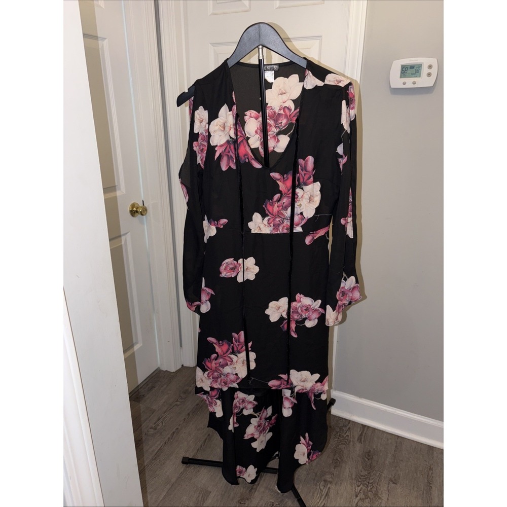 Venus Black Floral Print High Low Maxi Dress 6 Boho Fairycore Formal Casual Flow